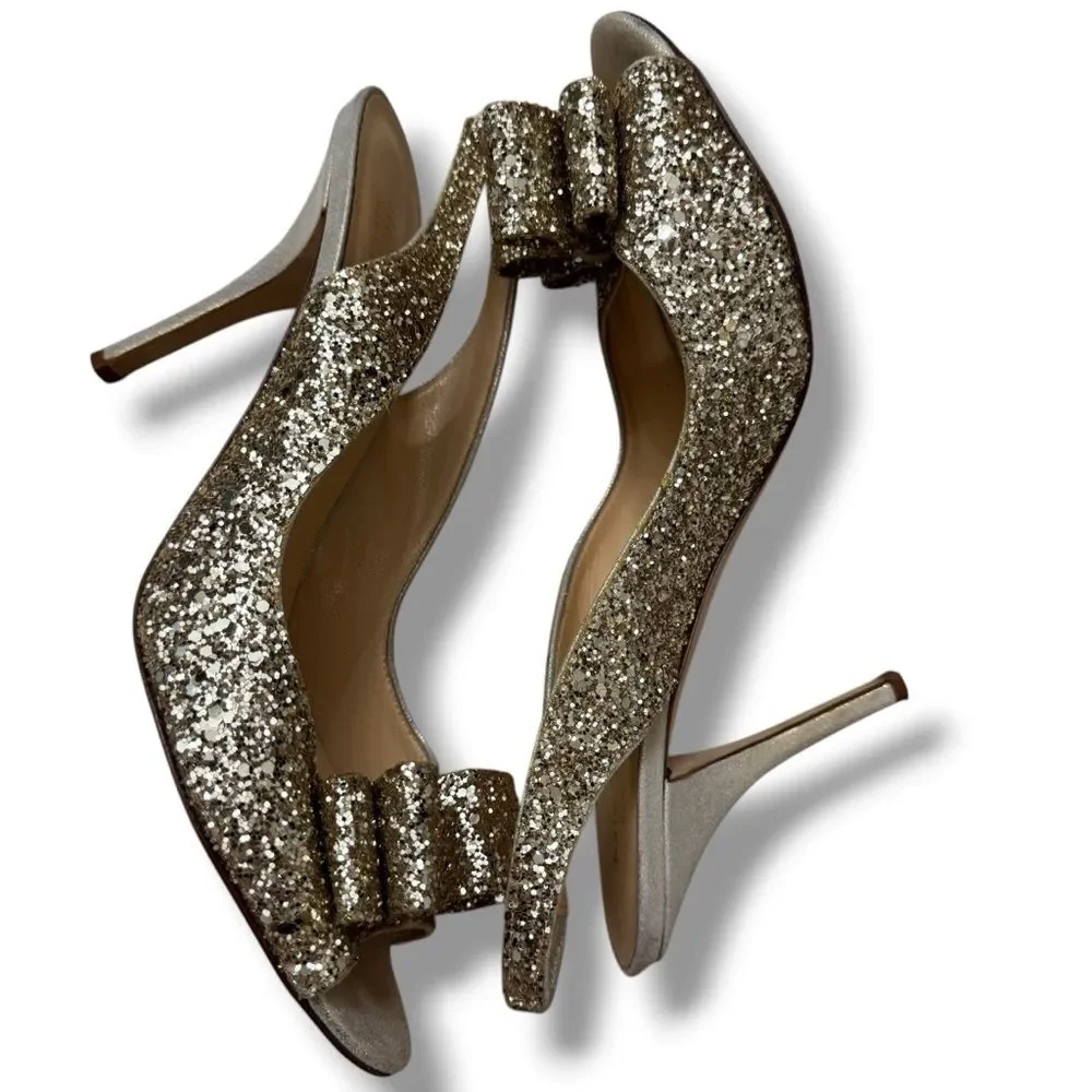 Kate Spade Charm Glitter Slingback Sandals Gold Women’s Size 10 Galm Core